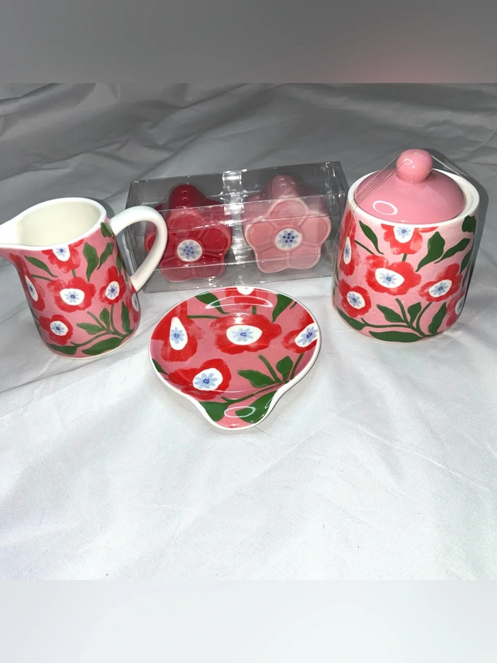 Floral Pink Ceramic Sugar, Creamer and Spoon Rest Set